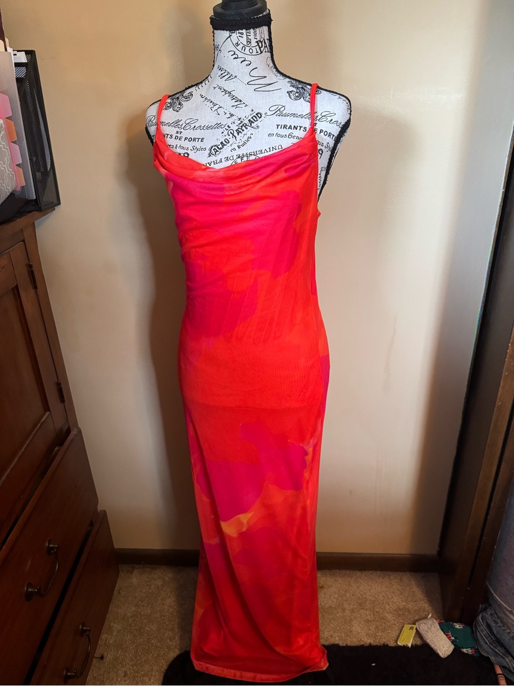 Women’s Strappy Cowl Neck Maxi Dress in Vibrant Pink-Red